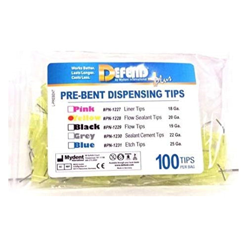 Mydent PN1228 Defend Pre-Bent Dispensing Tips Yellow 20 Gauge 100/Pk Mydent PN1228 Defend Pre-Bent Dispensing Tips Yellow 20 Gauge 100/Pk
